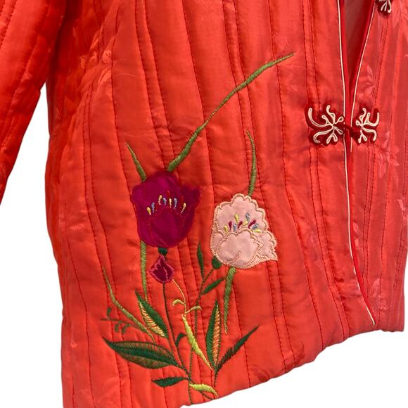 Retro Salmon Pink Embroidered Floral Satin Silk Kimono Puffy Jacket Size Small - Picture 15 of 16